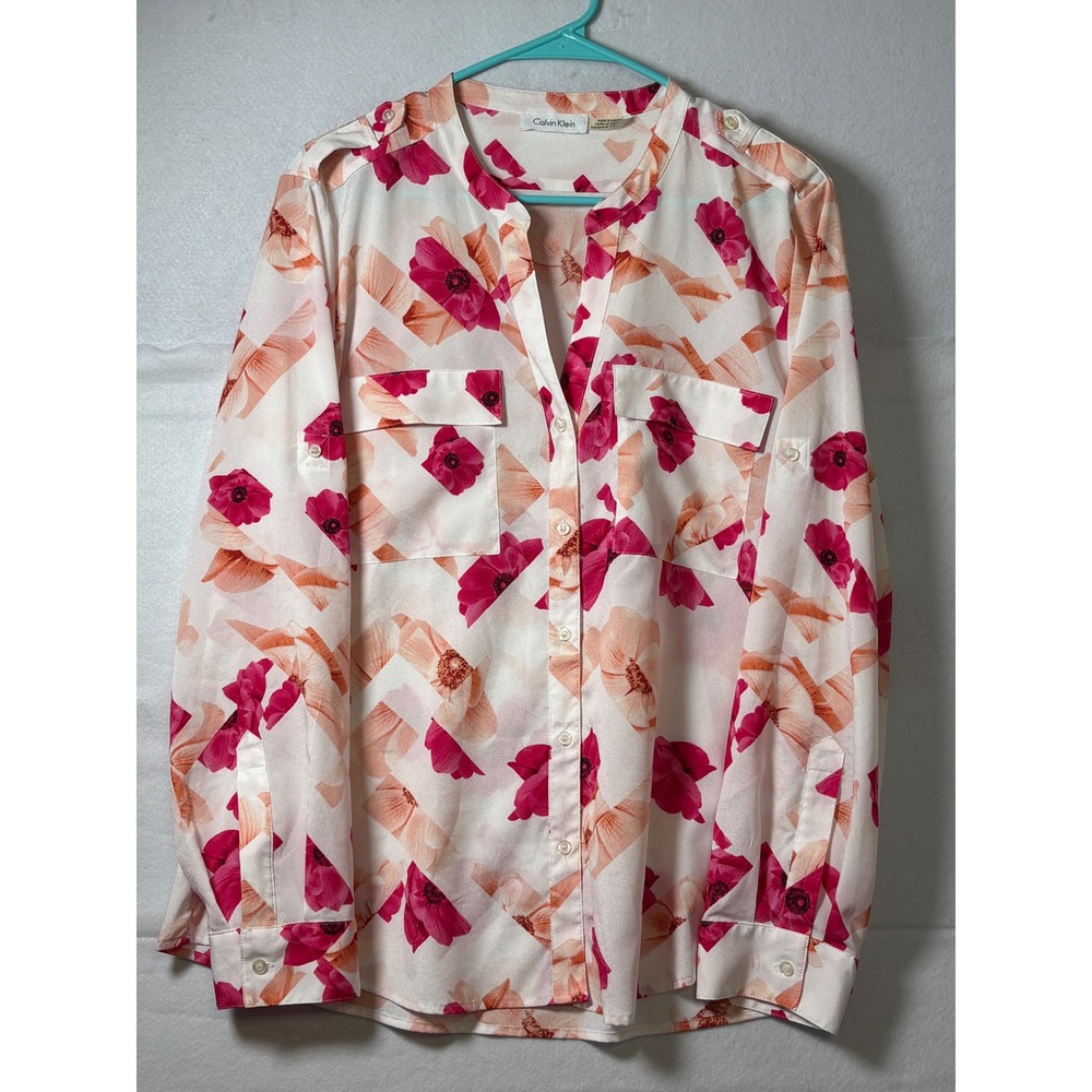 Calvin Klein Women Pink Floral Geometric Roll Tab Sleeve Button Up Blouse L - Picture 2 of 8